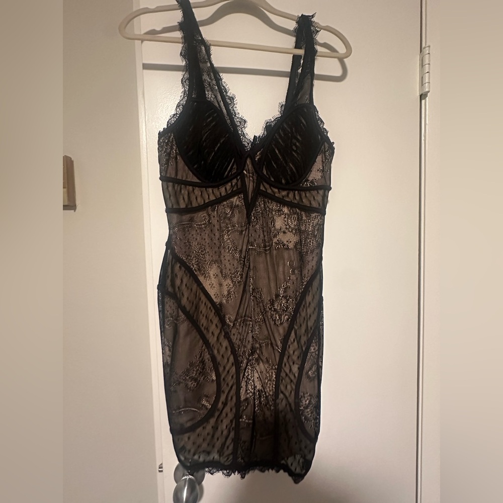Bebe size large black lace and nude body con dress